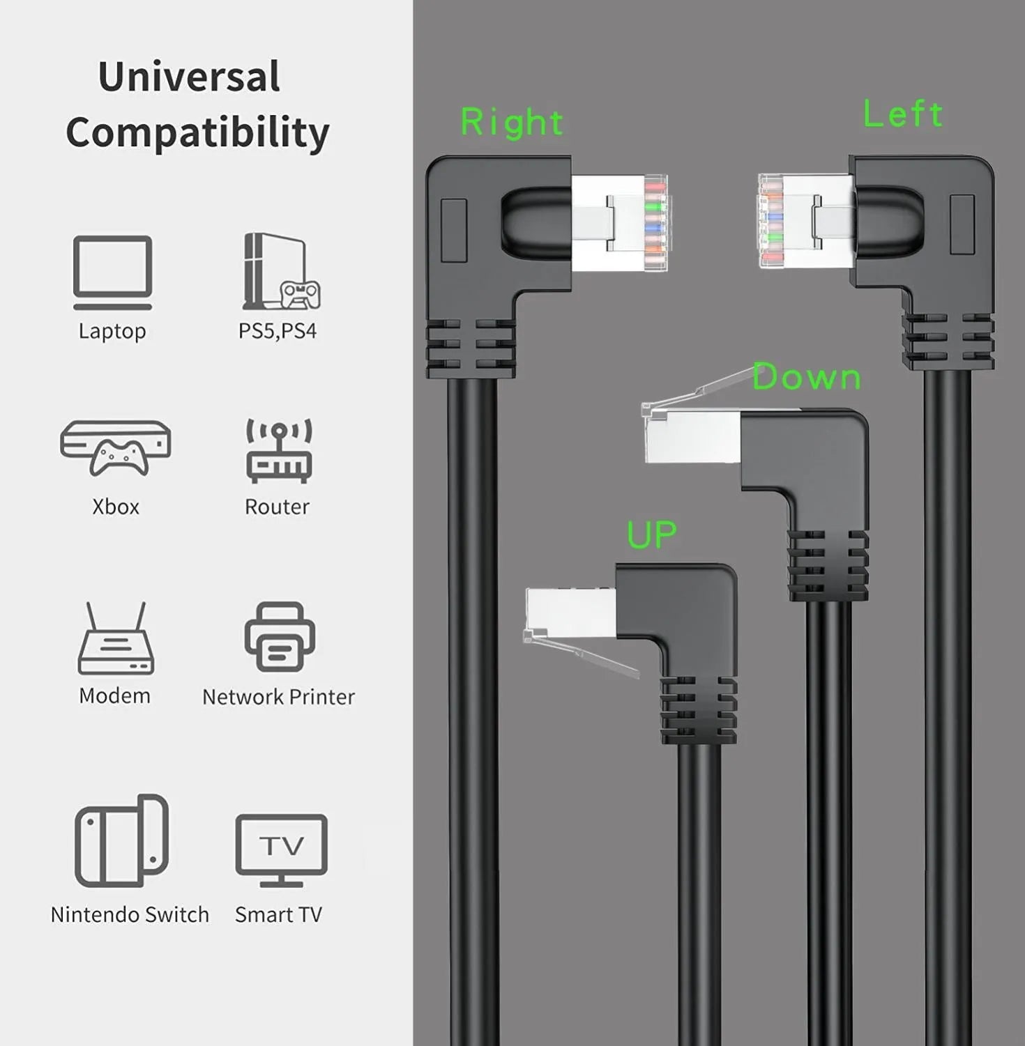 Cat6 Ethernet cable with a right-angle black RJ45 connector alongside cables in white, red, and yellow.