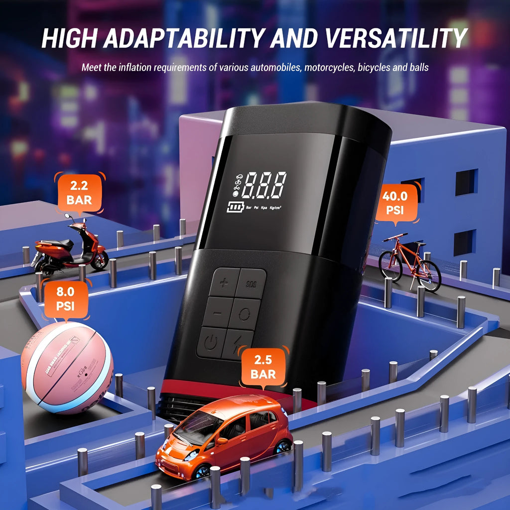 Black vehicle jump starter unit with cables showing 100W power output and USB charging capability