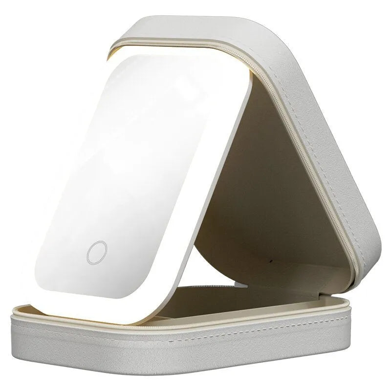 Portable makeup storage box with LED mirror in cherry blossom pink showing adjustable stand and storage compartment