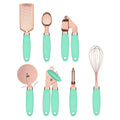 Seven-piece stainless steel kitchen tool set with rose gold finish and copper plating elements