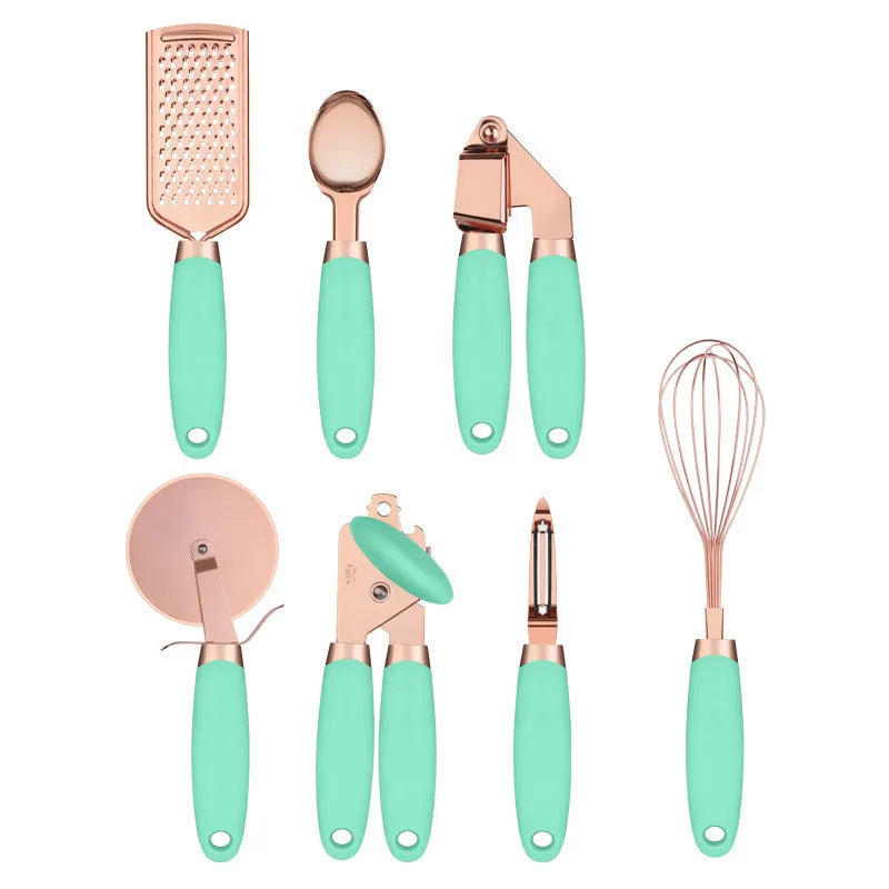Seven-piece stainless steel kitchen tool set with rose gold finish and copper plating elements