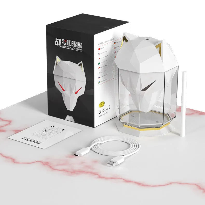 War Wolf black or white desktop ultrasonic humidifier with LED lights and USB cable.