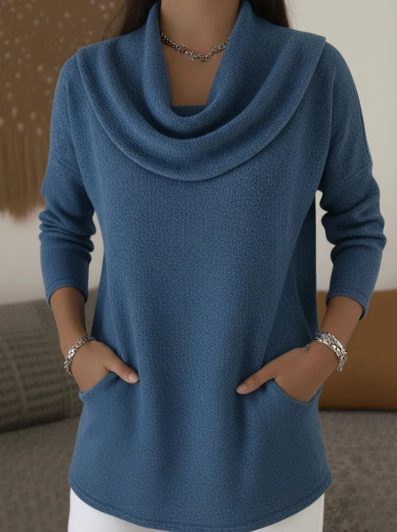 Women's polyester solid colour pocket pullover in blue, medium length long sleeve