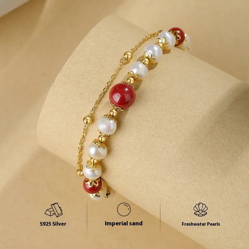 Sterling silver double-layer bracelet with freshwater pearl geometric beans in cinnabar red and white moonlight colours