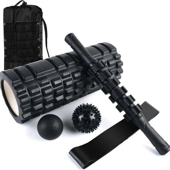 Black six-piece fitness foam massage roller stick, 33 cm long on a white background.