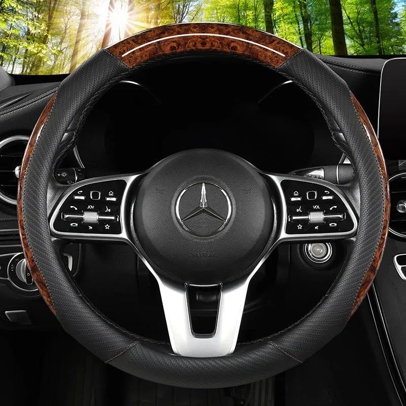 Leather steering wheel cover with crystal texture in black brown colour, round style, on a car steering wheel