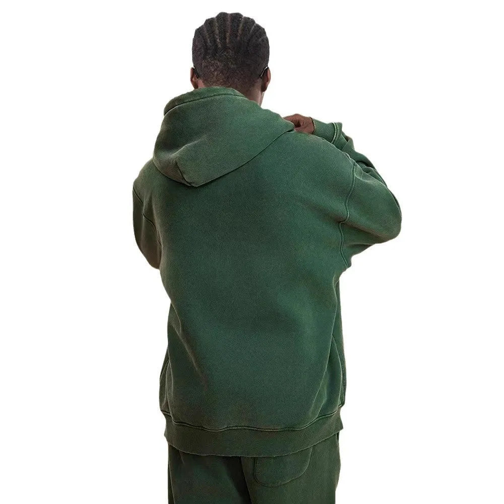 Men's vintage-style hooded cardigan sweater in cotton with a fleece lining and double zipper.