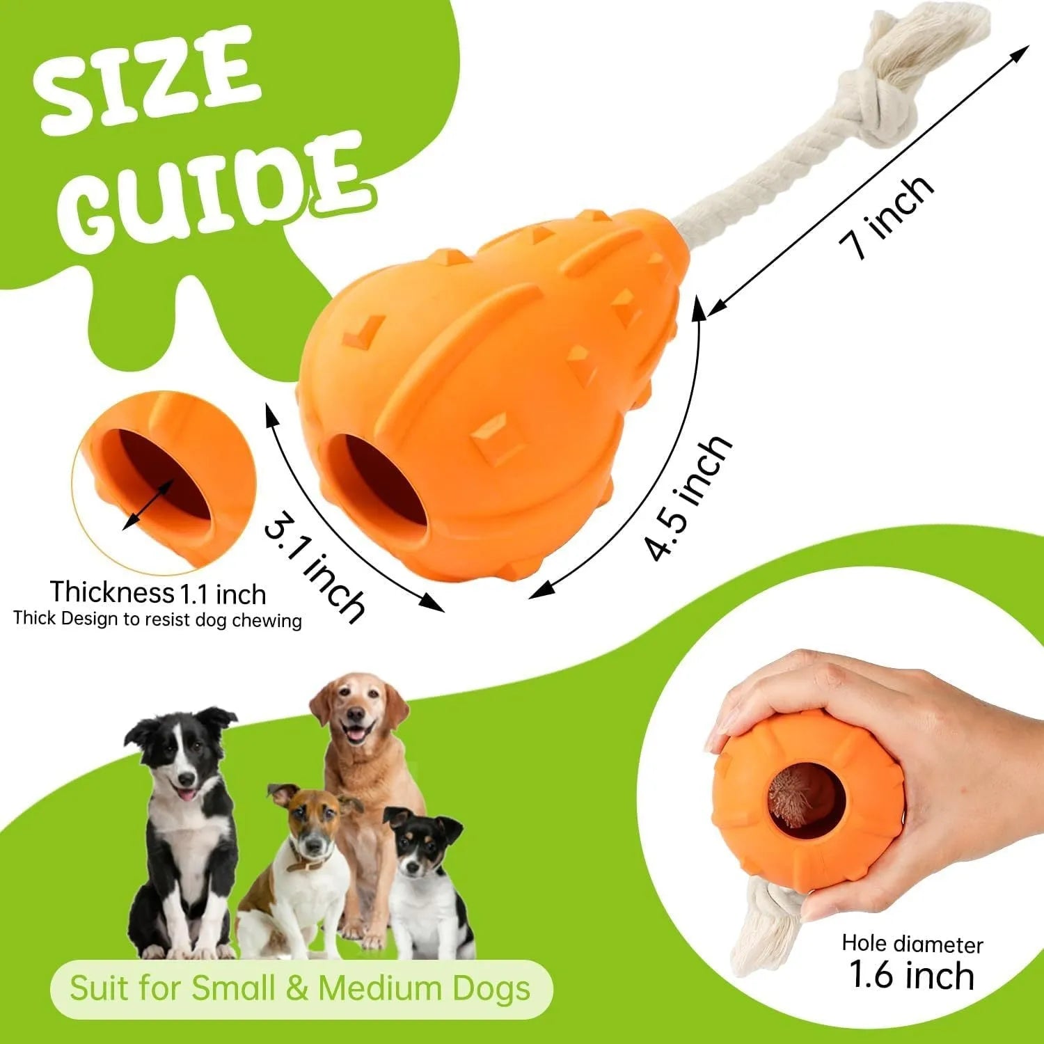 Durable natural rubber dog toy for small medium breeds, shown with a longer strap for fetch.
