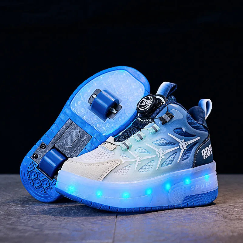 Children's striped roller skating shoes with rotary button adjustment in blue, black, and pink colours