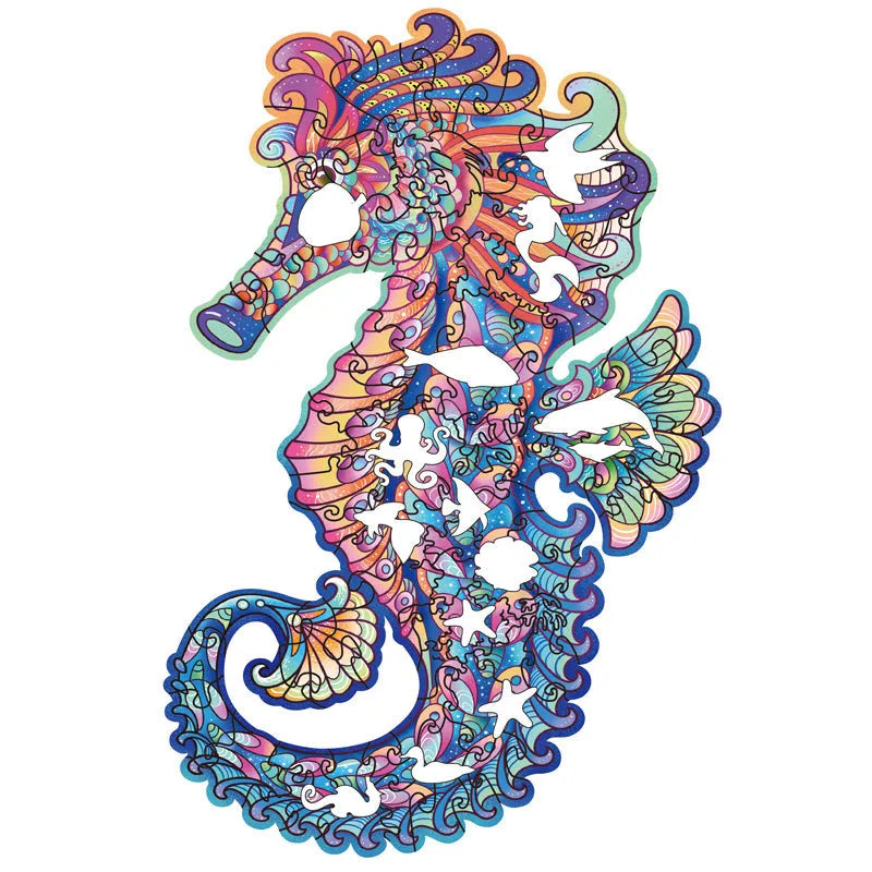 Irregular three-dimensional seahorse shaped wooden puzzle in A5 Haima, A4 or A3 variant