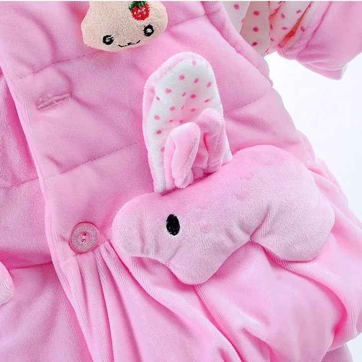 Girls' pink three-piece autumn clothing set with jacket, trousers, and vest made from flannel and cotton.