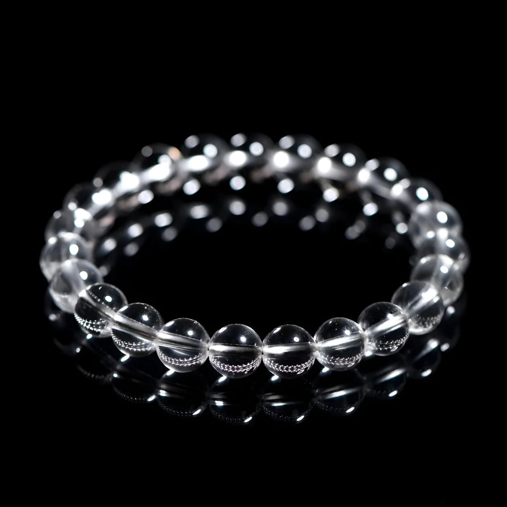 Natural white crystal bracelet with Donghai water round beads showing geometry design on wrist