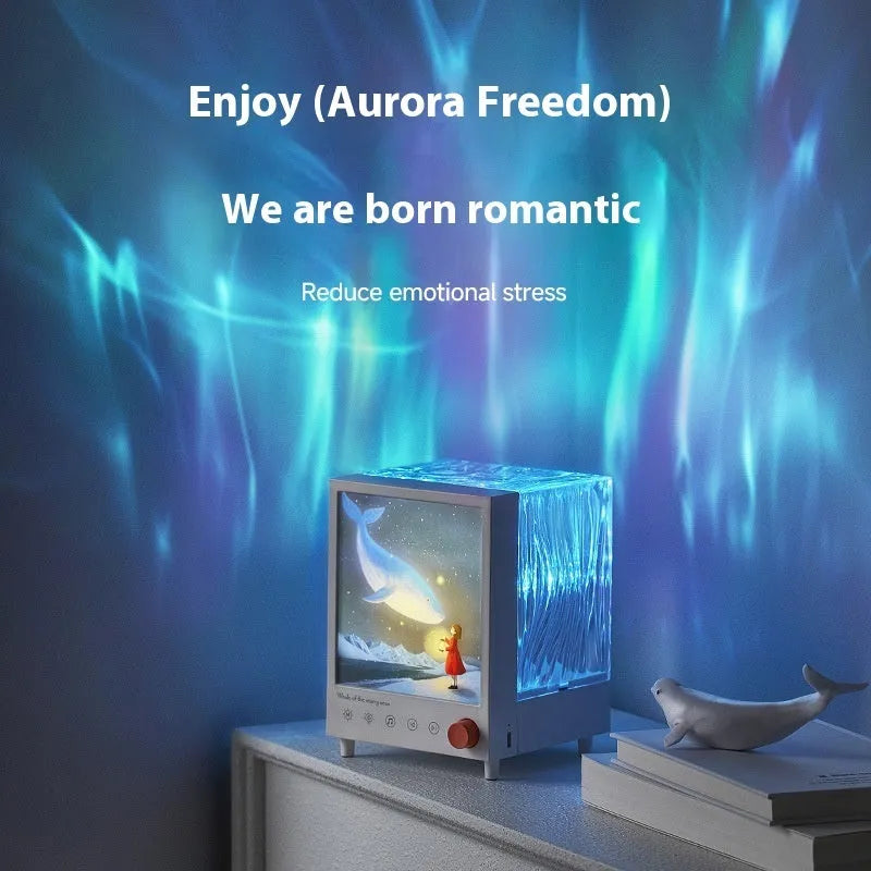 Aurora Treasure Box Star Sea Whale projection lamp with Bluetooth on a table.