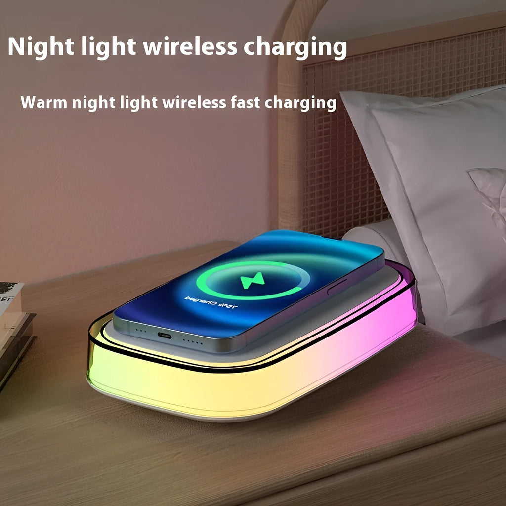 White 15W wireless fast charger with touch night lamp on a desk