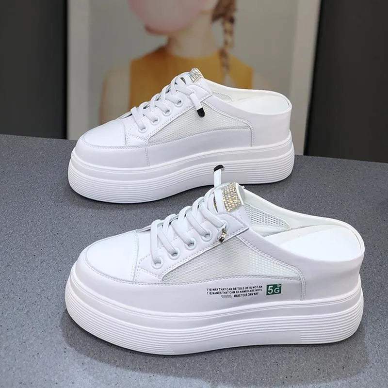 Women's white platform shoes with mesh detail and round toe design