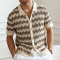 Yellow, blue, and brown short-sleeved sweater with a hollow jacquard corrugated texture.