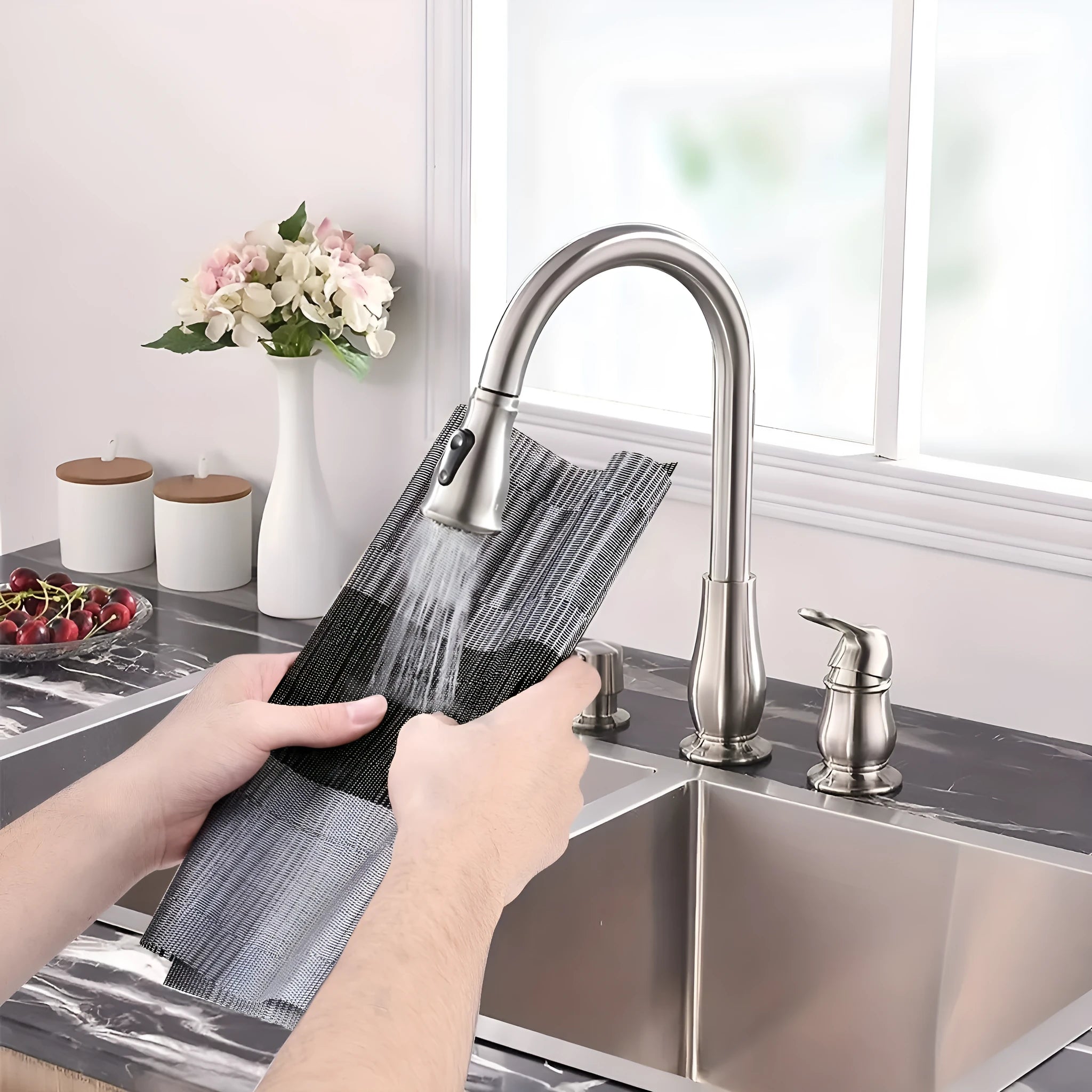 PVC non-slip kitchen placemat in gradient bamboo black colour, shown in 30x180cm size on a counter.