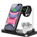 Black folding 4-in-1 wireless charger showing iPhone AirPods and Apple Pencil charging simultaneously
