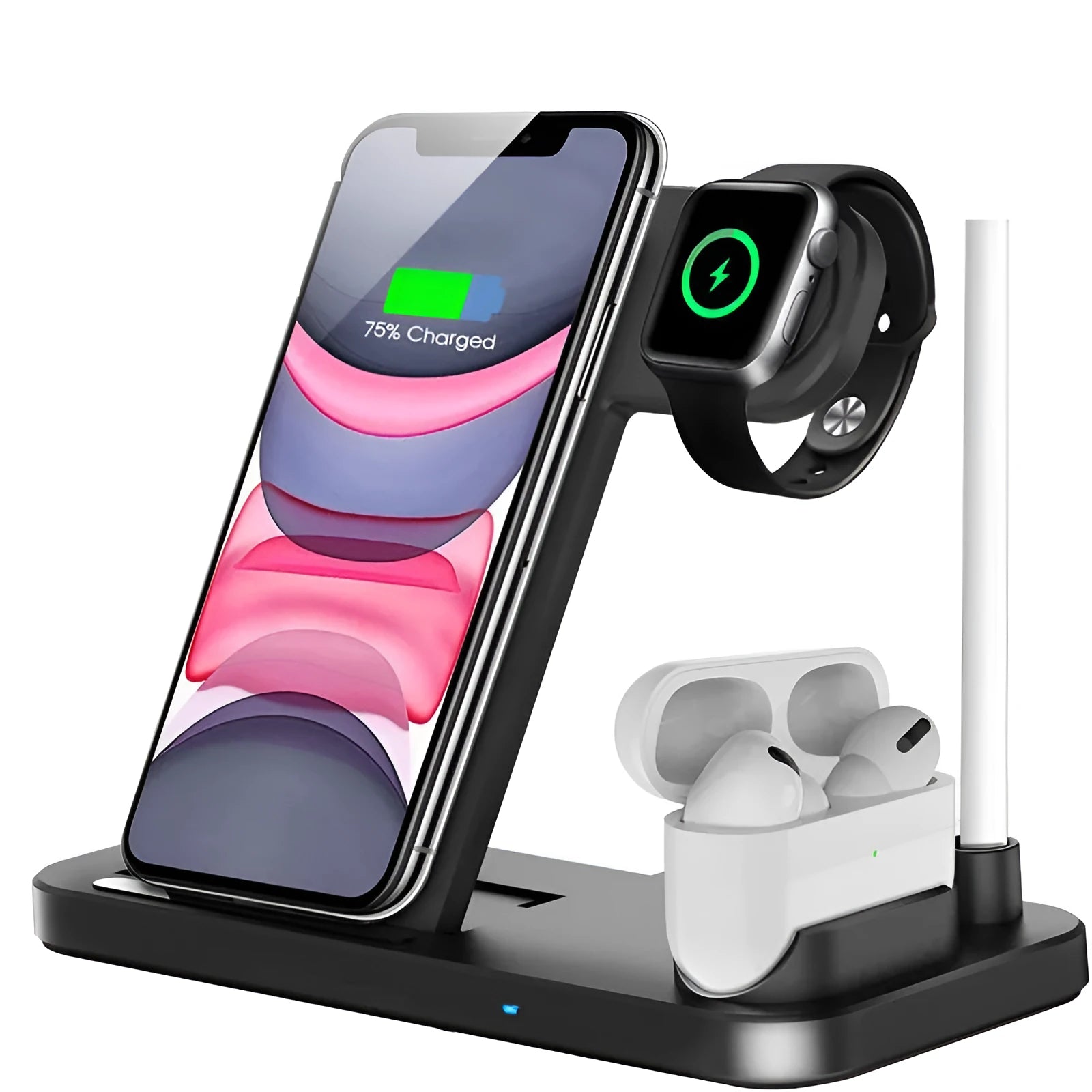 Black folding 4-in-1 wireless charger showing iPhone AirPods and Apple Pencil charging simultaneously