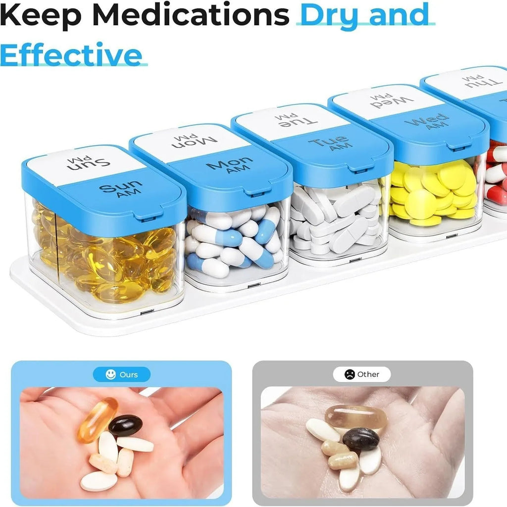 White and rainbow coloured large plastic pill box with 14 removable compartments next to detached single grid.
