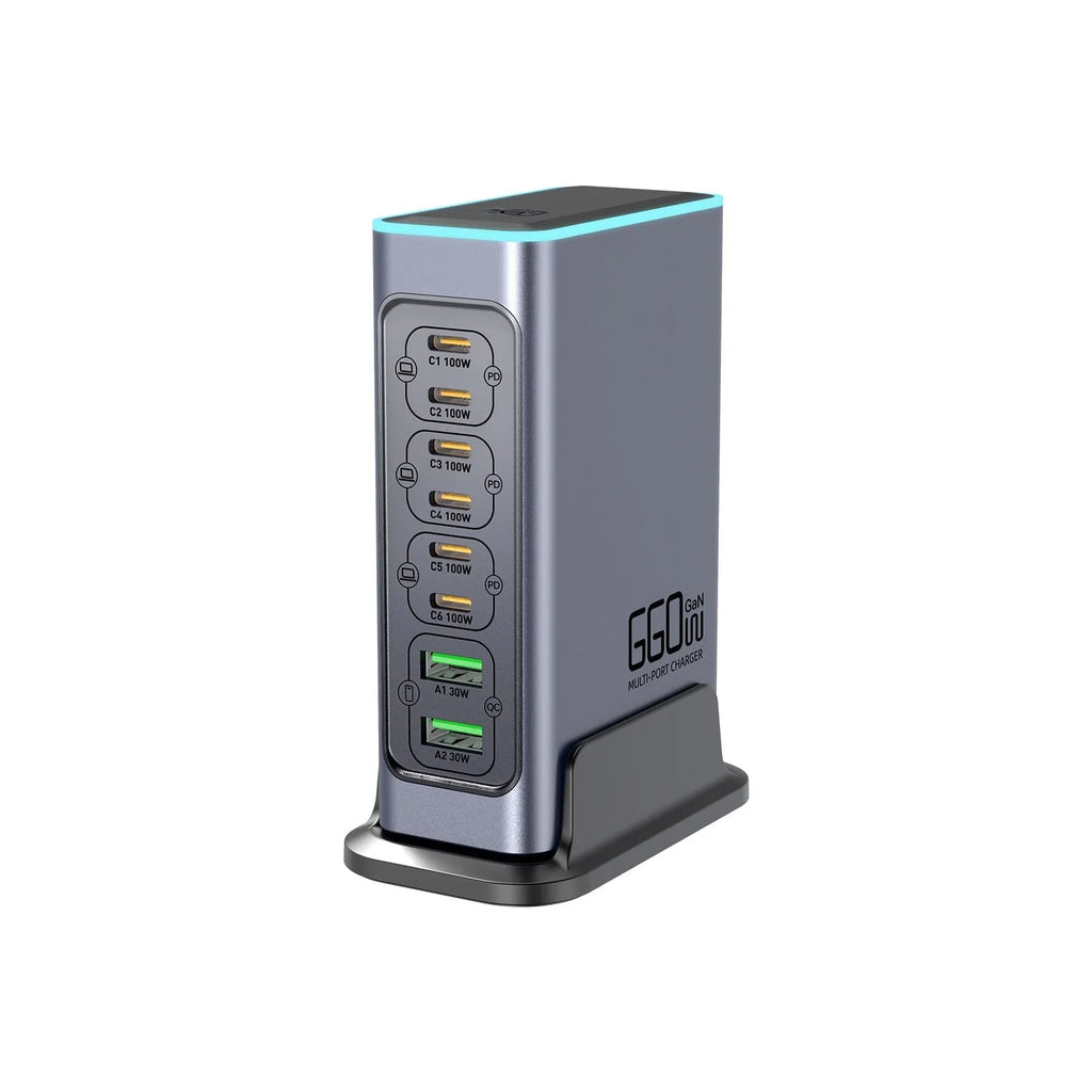 Desktop multi-port 660W GaN charger with Type-C interface and interchangeable UK EU US AU plugs