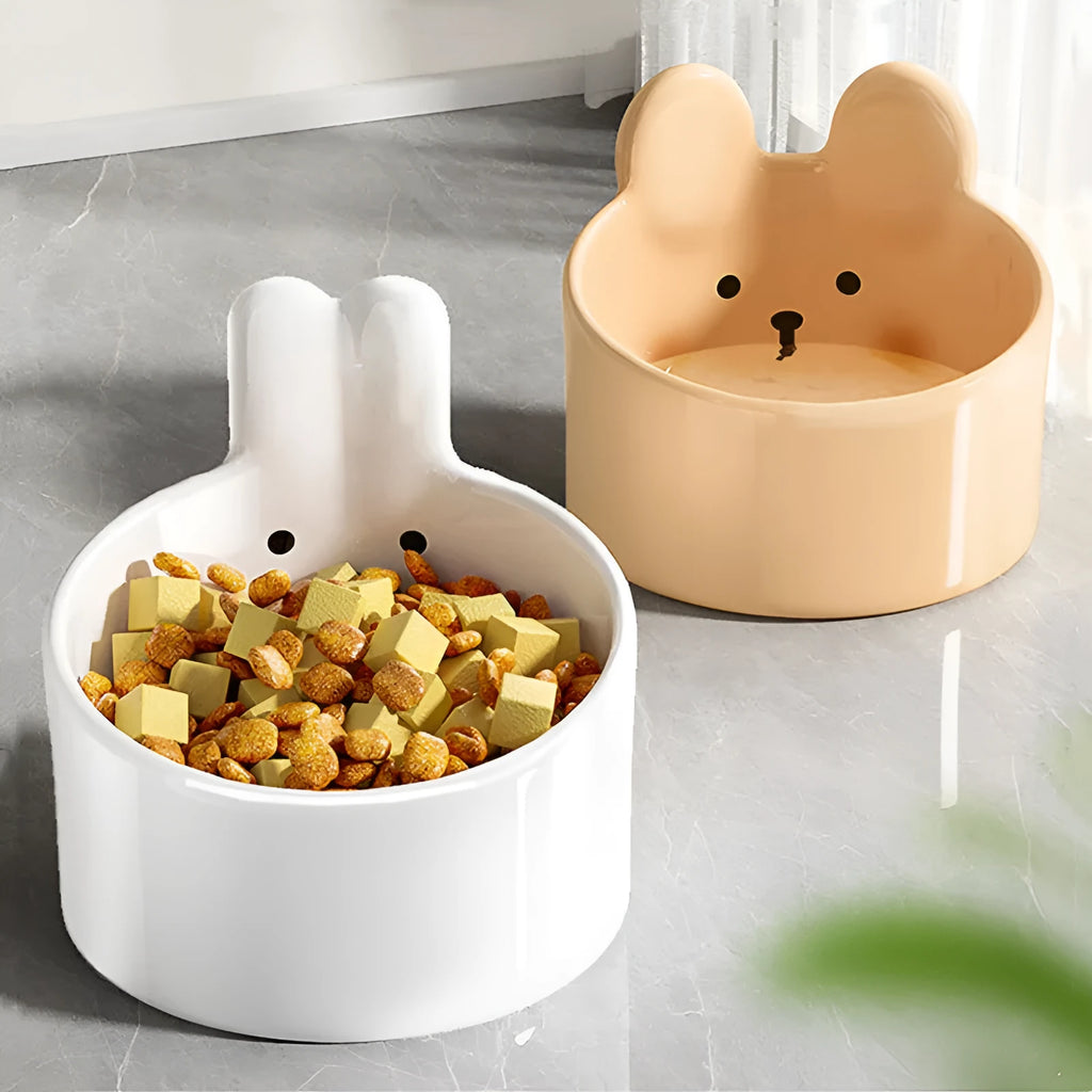 Ceramic pet feeding bowls with neck protection design in white rabbit and brown bear patterns