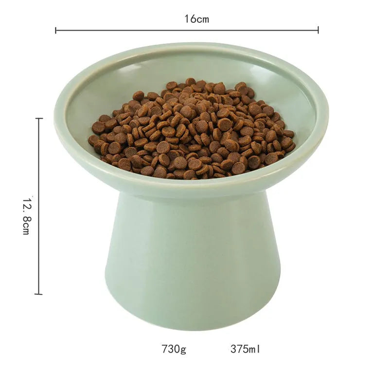 Blue elevated ceramic cat bowl with wide shallow dish for food or water.