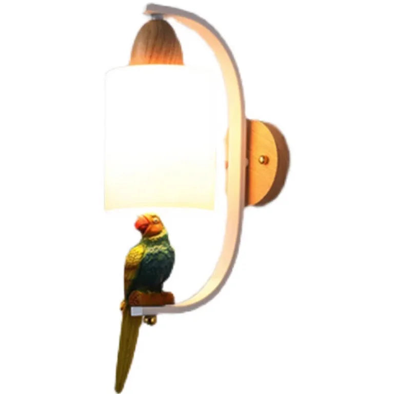 Resin bird wall lamp with iron body, wood accent, and glass lampshade on a wall