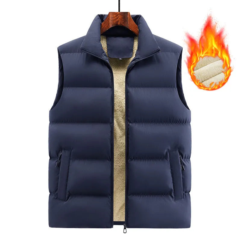 Men's striped lambswool vest in black, dark blue, or red with polyester fibre construction for winter warmth