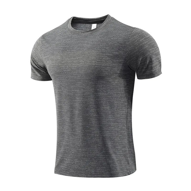 Man's short-sleeved red running T-shirt made from polyester spandex fabric for sports.