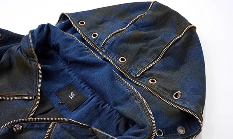 Blue hooded denim vest coat and trousers set with front zipper in Korean style