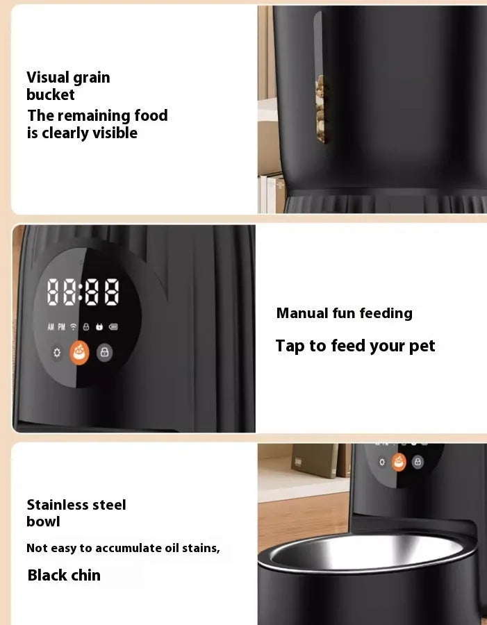 Black automatic pet feeder with digital display and detachable bowl on a kitchen floor.