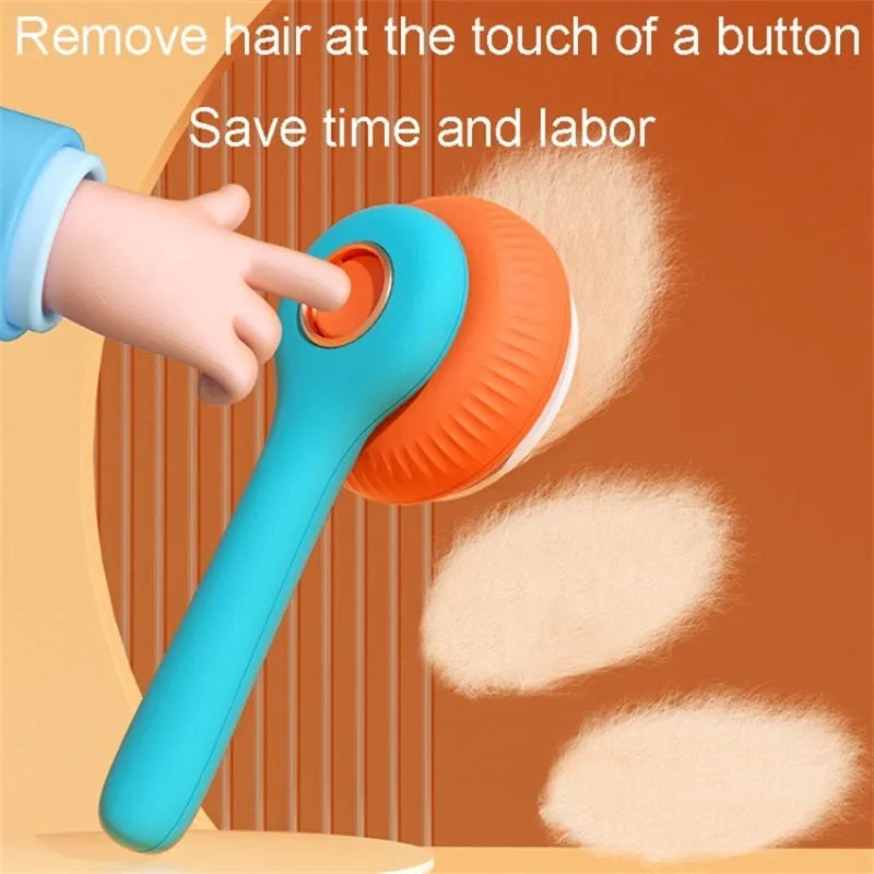 Blue and white self-cleaning pet grooming brush with a slicker comb head for cats and dogs.