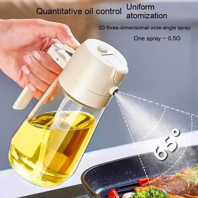 Glass oil sprayer and pour dispenser bottle in beige, yellow, green, or black with ergonomic handle.
