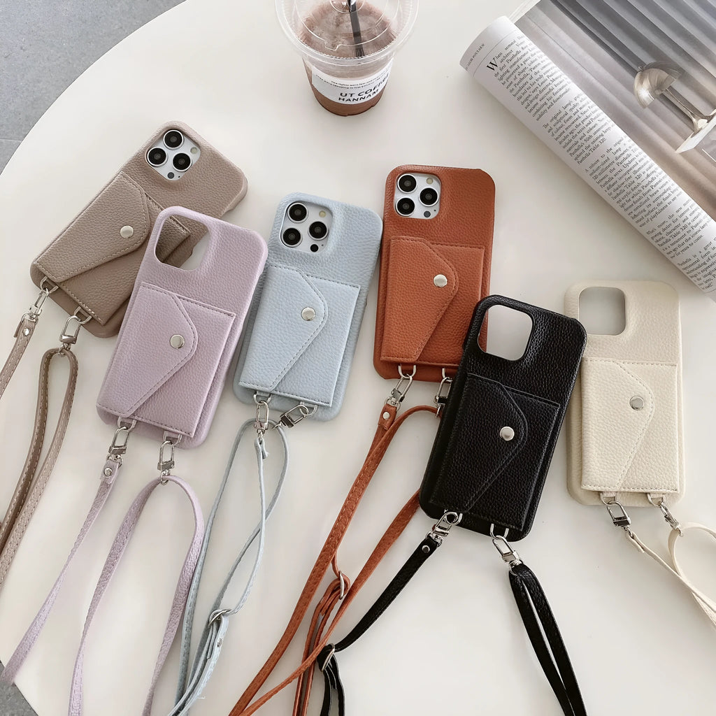 PC leather card holder crossbody phone case with lychee pattern triangle veil design for iPhone 13-15 series in black