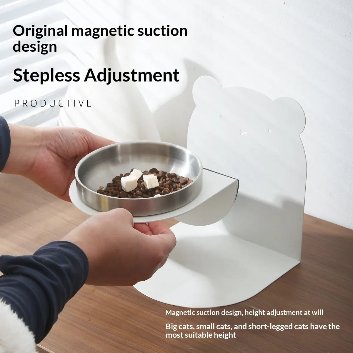 White magnetic stand stainless steel inclined cat water bowl on floor
