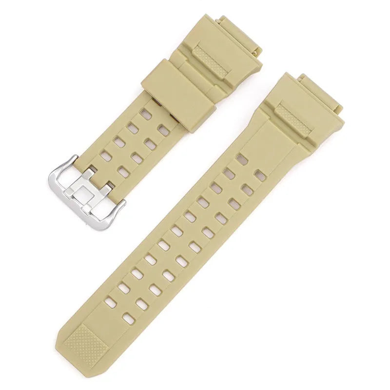 Camouflage TPU watchband with silver buckle, showing strap length and colour options