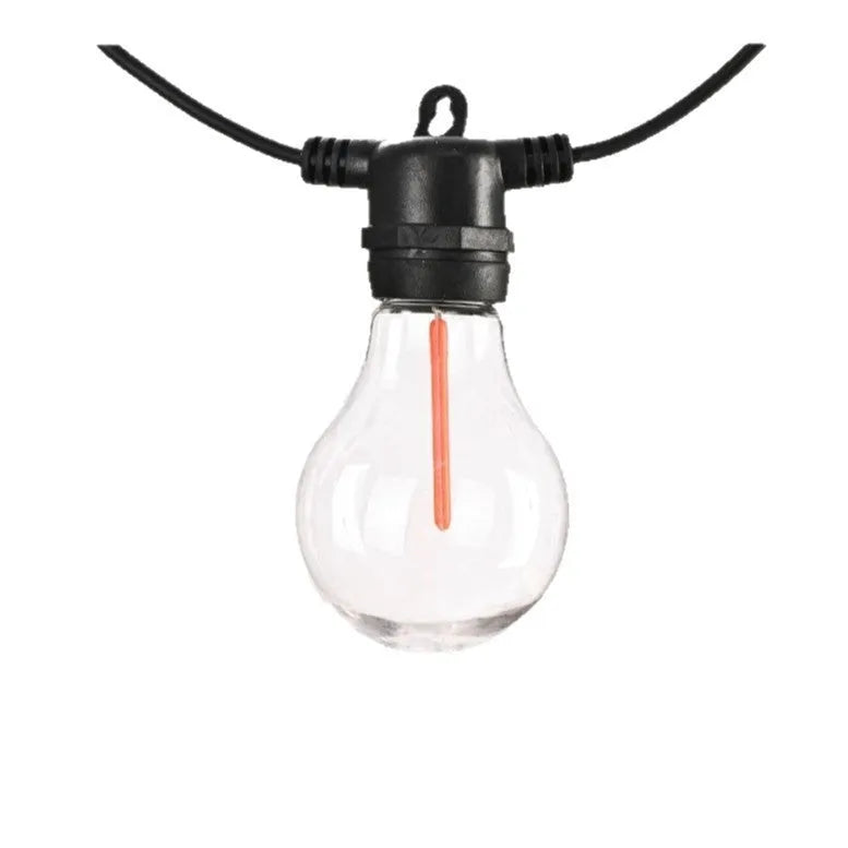 Outdoor decorative string lights with 10 A60 transparent case meteor bulbs on 5 metre waterproof cord