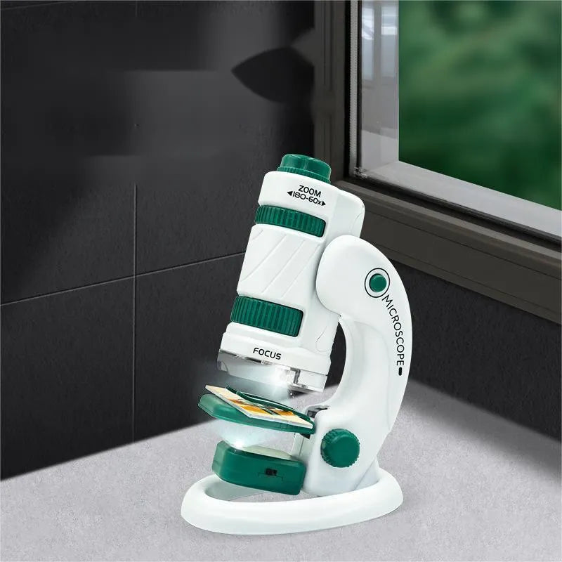 Portable microscope upgrade set with plastic construction and specimen slides for outdoor science exploration