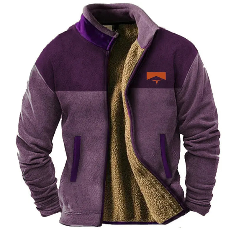 Men's light brown padded polyester coat on a hanger, showing regular 50cm length.