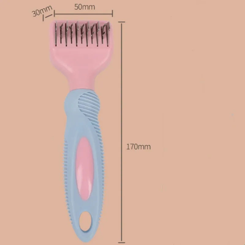 Stainless steel pet grooming comb with knot knife, pink colour option, 170mm handle