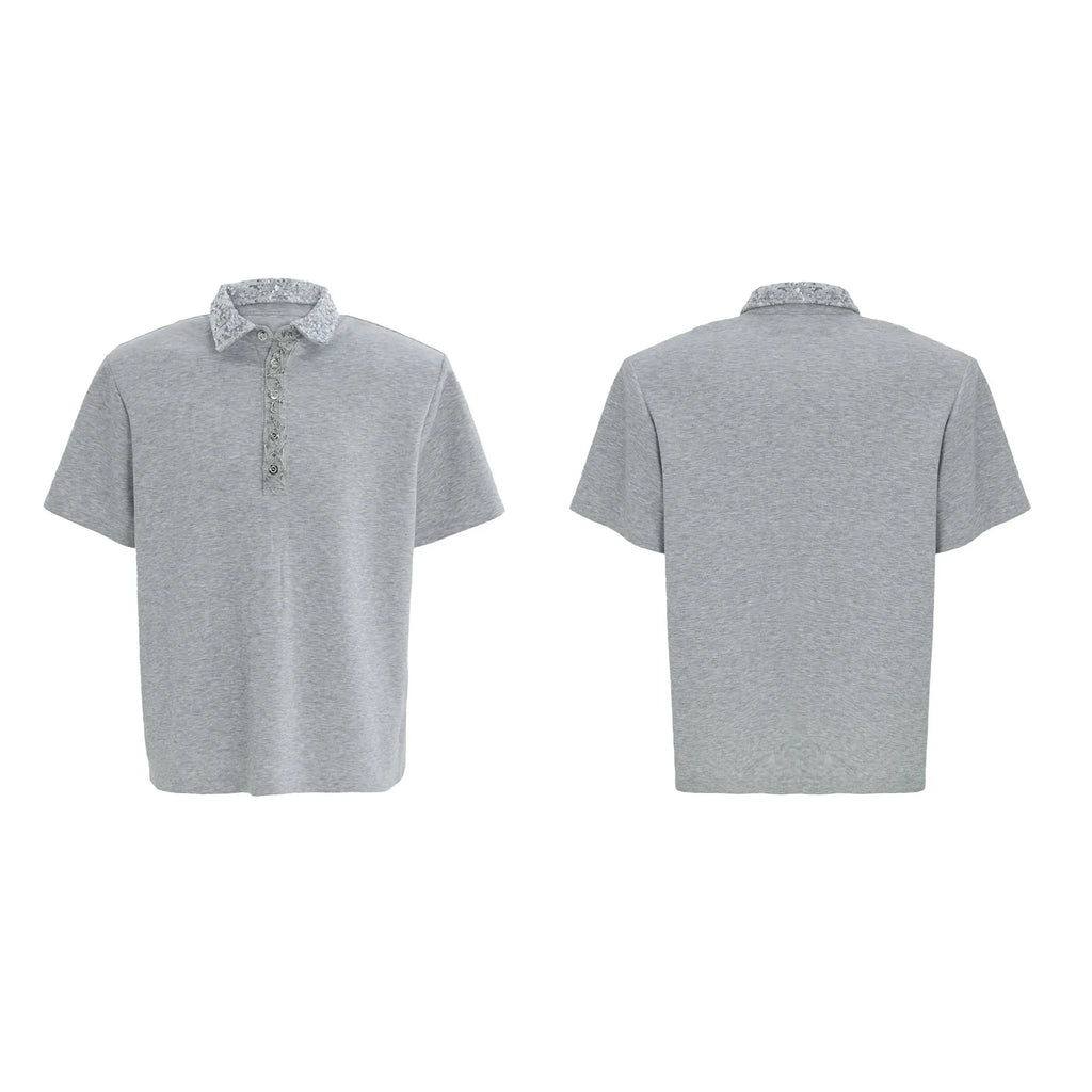 Men's black loose fit polo t-shirt with embroidered sequins and a square collar.