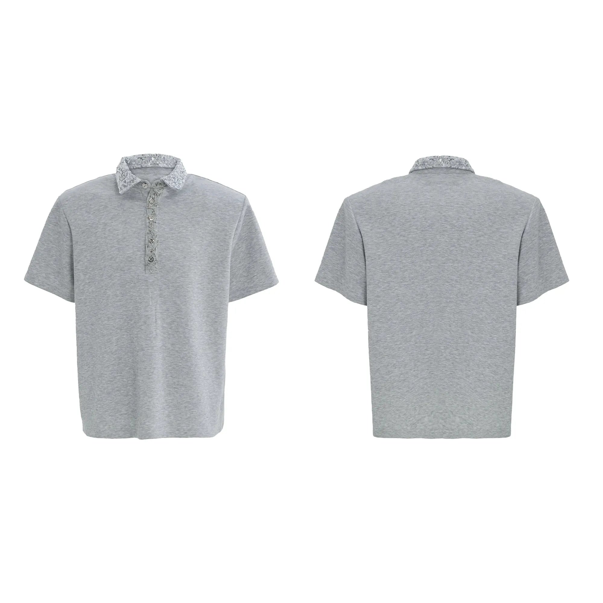 Men's black loose fit polo t-shirt with embroidered sequins and a square collar.