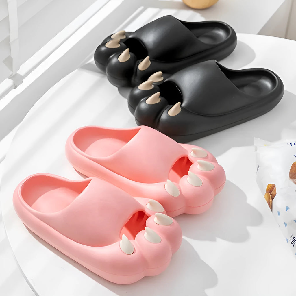 Women's non-slip platform slippers with cat claw design in white, black, watermelon red, and brown EVA upper