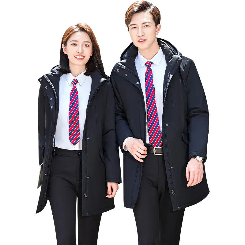 Unisex thick padded black polyester fibre parka with cinched style and pockets for winter warmth
