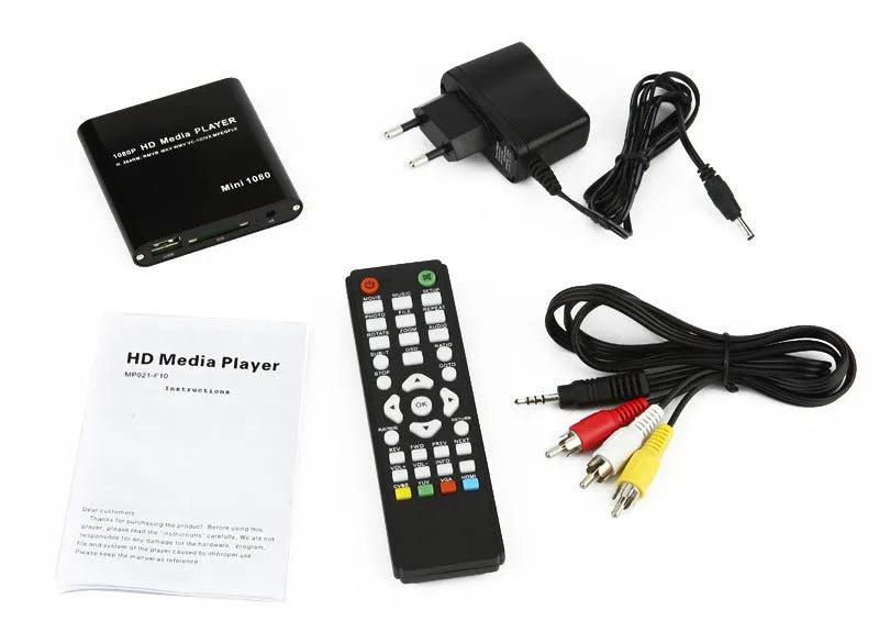 Compact black and blue all-metal 1080P Full HD media player with remote control