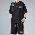 Waffle embroidery two-piece set with short sleeve top and shorts in thin polyester, sports style, black white green apricot