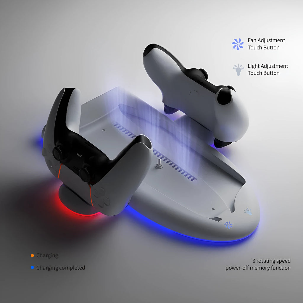 White PS5 charging station with RGB lights, cooling fan, and controller charging belt