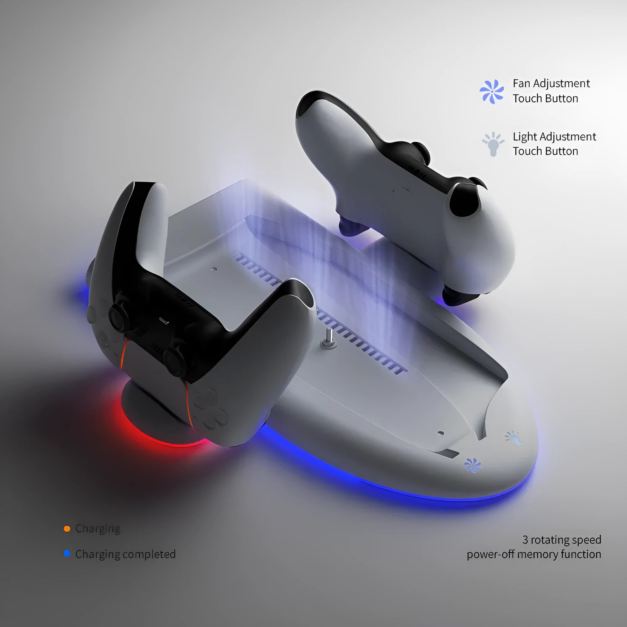 White PS5 charging station with RGB lights, cooling fan, and controller charging belt