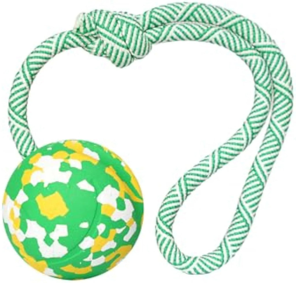 Natural rubber dog ball attached to a blue nylon rope for fetch and tug play